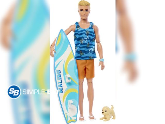 Lot 58-58128 - New Ken Doll with Surfboard, Poseable Blonde Barbie Ken Beach Doll