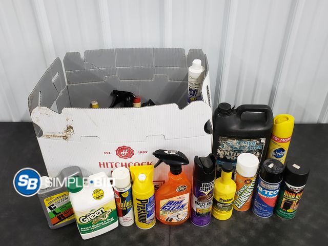 Lot 58-50408 - BOX full of Cleaning, Car, home supplies including Pledge, Presto Power steering fluid, Orange Elima...