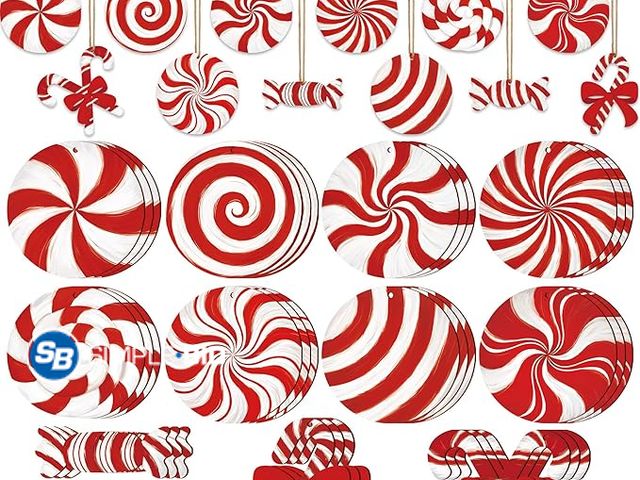 Lot 58-37181 - New 36PCS Candy Ornaments for Christmas Tree Red and White Peppermint Wooden Cutouts Xmas Candy Cane...