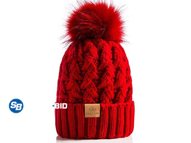 Lot 58-80819 - Lot of (2) New PAGE ONE Womens Winter Ribbed Beanie Crossed Cap Chunky Cable Knit Pompom Soft Warm H...