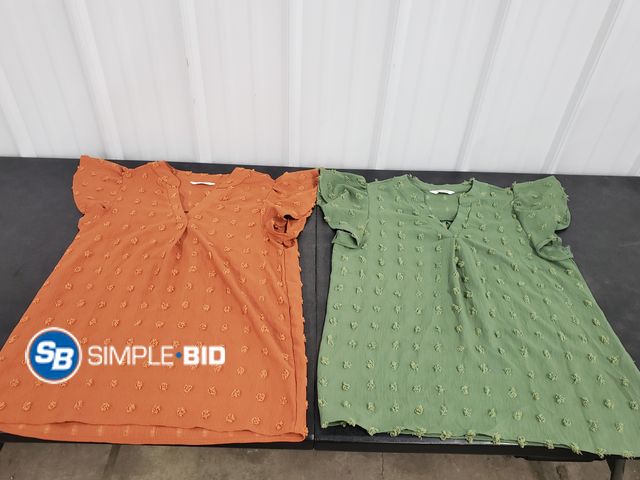Lot 58-64619 - Lot of (2) Women's Fantaslook Short Sleeve Blouses- Size M, Olive Green/Burnt Orange