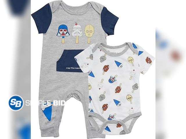 Lot 58-26456 - New STAR WARS Newborn Baby Boys Infants Snap Suit Rompers 2 Pack - 6-9 months -- May the SNACKS be w...