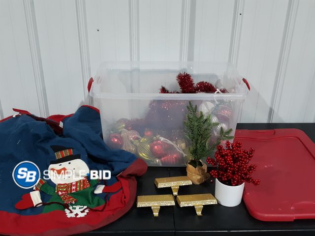 Lot 58-34991 - CHRISTMAS! Sterilite Tote full of Ornaments -- stocking holders, Tree skirt, decor and more