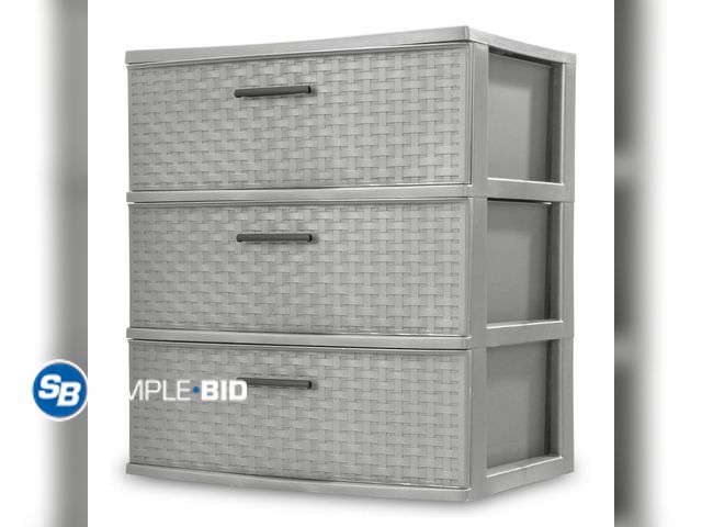 Lot 58-36218 - New Sterilite 3 Drawer Wide Weave Tower, Plastic Décor Drawers with Pull Handles, Light Gray