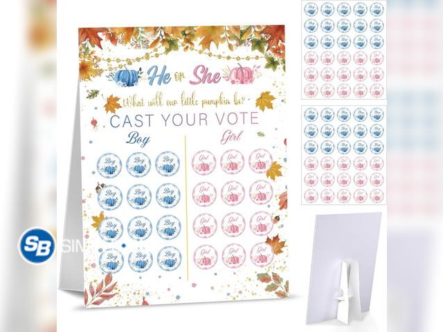 Lot 58-57066 - Lot of (10) New Gender Reveal posters Gender Reveal Decorations with 60 Pcs Pink and Blue Voting Sti...