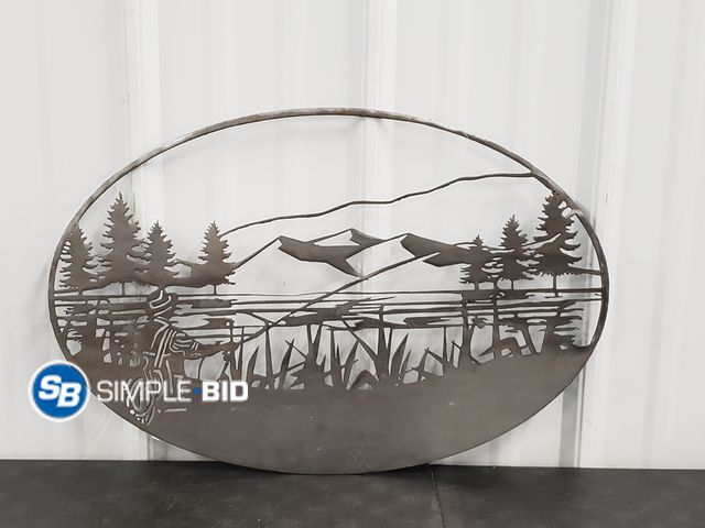 Lot 58-77071 - Oval Metal Etched Decorative Piece, Approx 22" - Fishing Scene