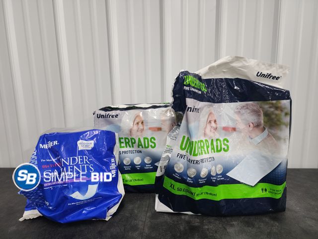 Lot 58-40278 - Lot of Underpads variety of styles and sizes - open packages - mostly full - unused