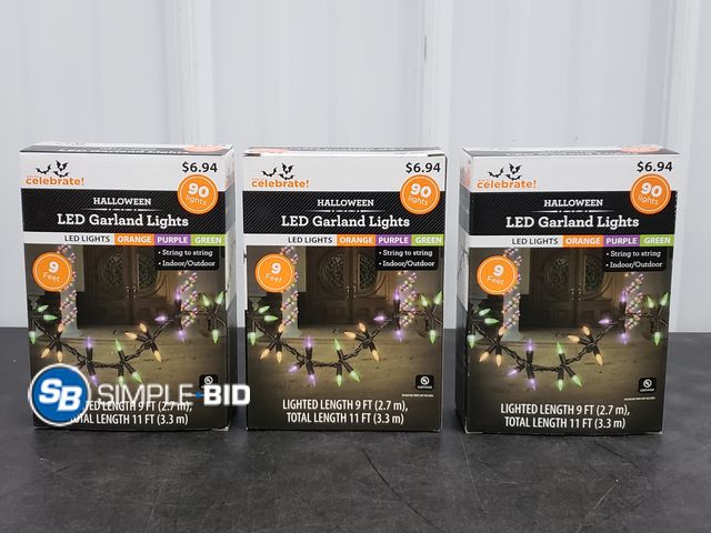 Lot 58-84021 - Lot of (3) New HALLOWEEN LED Garland Lights - orange, purple, Green 9 feet 90 lights