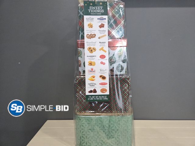 Lot 58-60914 - SWEET TIDINGS! 4 Boxes and Canisters Filled with Popcorn, Ghirardelli Mini Squares, Pretzels and mor...