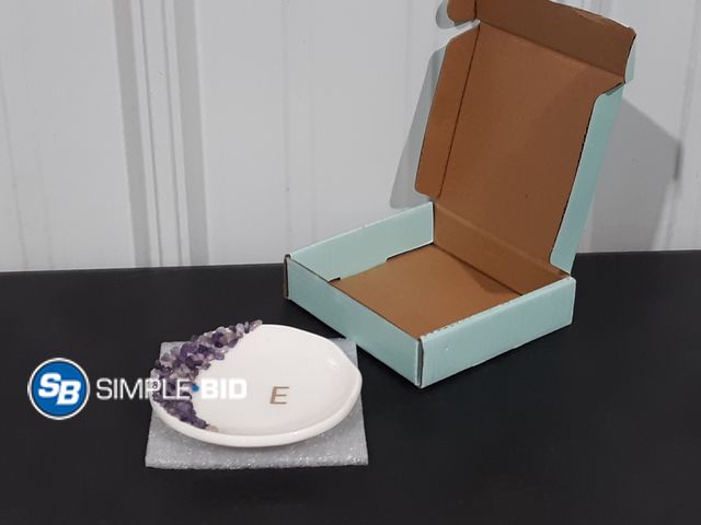 Lot 58-17720 - New Ceramic Initials Ring Dish with Brazilian Amethyst Inlaid, Cute Room Decor Aesthetic, Decorative...