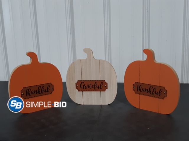 Lot 58-27605 - Lot of (3) New wooden PUMPKIN deocr -- grateful -- thankful