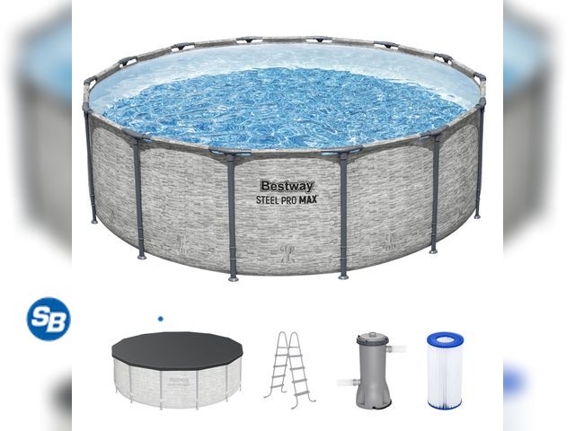 Lot 58-54517 - New Bestway Steel Pro MAX 14'x48" Metal Frame Above Ground Pool w/Pump, Ladder, &amp; Cover, Stone