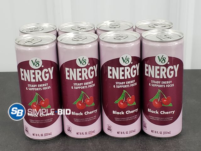 Lot 58-30613 - Lot of (8) V8 Plus Energy Drinks BLACK CHERRY - 8 fl oz each unopened - out of box
