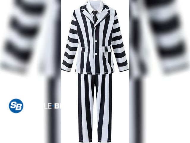 Lot 58-75724 - New Black and White Striped Suit with White Shirt and Black Tie Halloween Costume - SIZE XXL