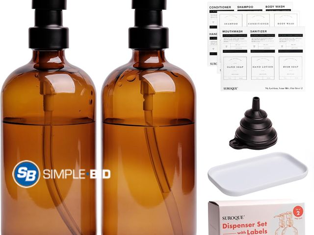 Lot 58-72038 - New Amber Glass Soap Dispenser, 2 Pack Bathroom Kitchen Soap Dispenser Set with Stainless Steel Pump...