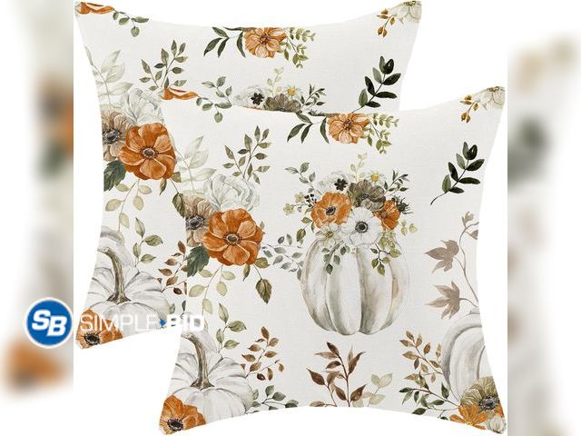 Lot 58-78179 - Set of (4) New Fall Decor Pillow Covers 18x18 Inch Cream Pumpkin Floral Throw Pillows for Couch Autu...
