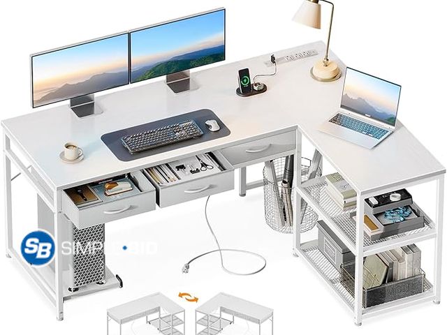 Lot 58-35305 - AODK 53 Inch L Shaped Computer Desk with Drawers, Corner Desk with Power Outlets &amp; Reversible St...