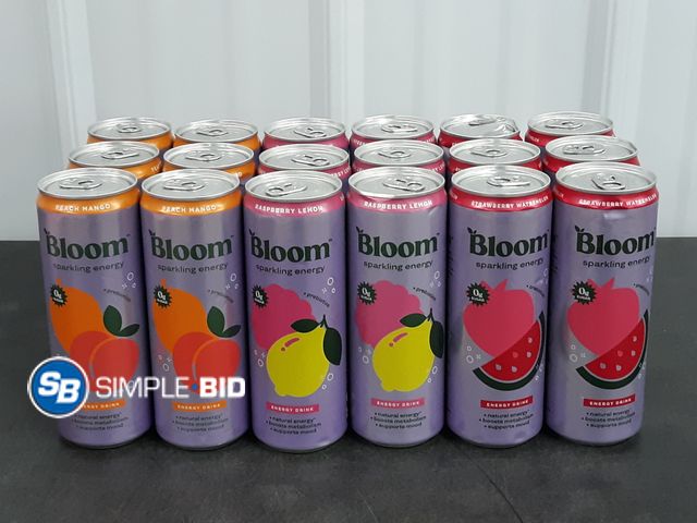 Lot 58-37761 - Lot of (18) BLOOM Sparkling Energy Drinks - variety pack - Peach mango - Raspberry Lemon - Strawberr...