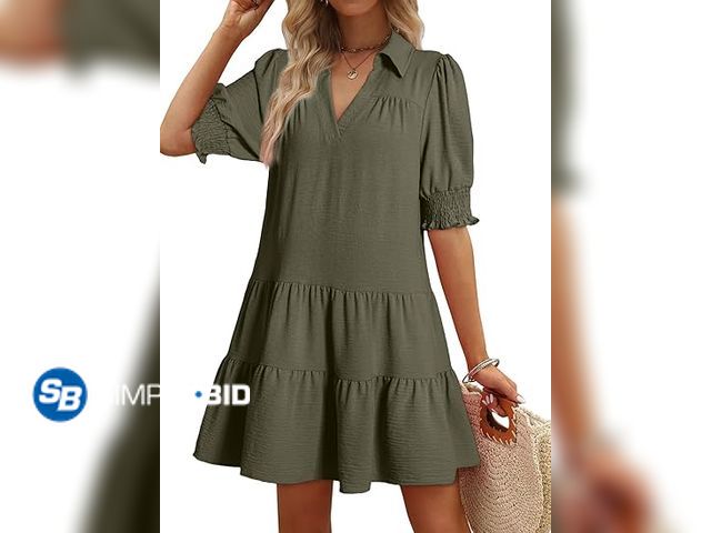 Lot 58-18069 - New Dokotoo Casual Dresses for Women Lapel Collared V Neck Mid Sleeved Pleated Summer Dresses for Wo...