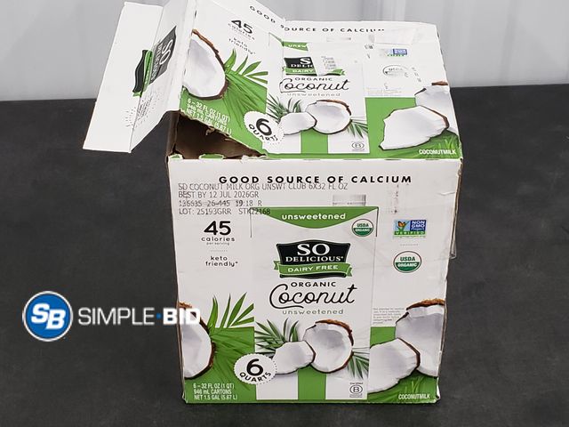 Lot 58-29781 - SO Delicious Dairy Free Organic COCONUT Unsweetened coco milk - 5 quarts - unopened - best by 7/26