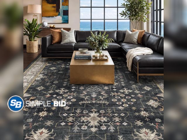 Lot 58-75698 - New Black Farmhouse Washable 8x10 Area Rugs for Living Room, Bedroom, Dining Room Kitchen Table Rug ...