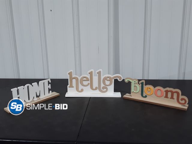 Lot 58-34906 - Lot of (3) Wooden Decor - Home, Bloom, Hello Signs