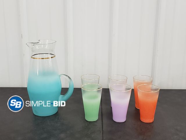 Lot 58-67703 - Vintage Blendo Frosted Glass Pitcher &amp; Tumbler Set~Ombre Design Gold Trim 1950-1960 - in good co...