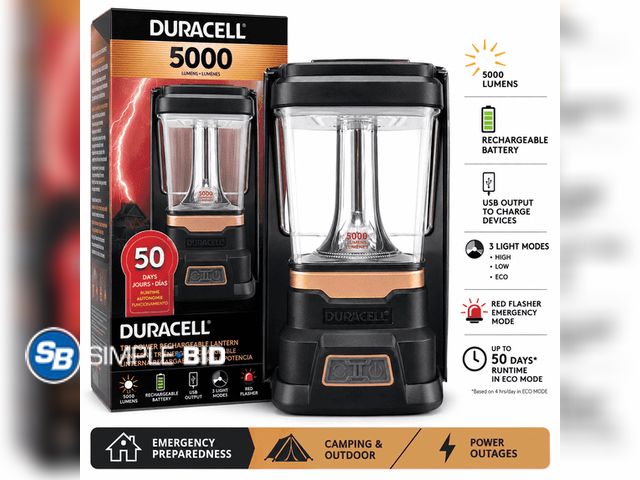 Lot 58-65698 - Duracell Tri-Power Rechargeable Lantern, 5000 Lumen LED Light for Camping &amp; Power Outages - appe...