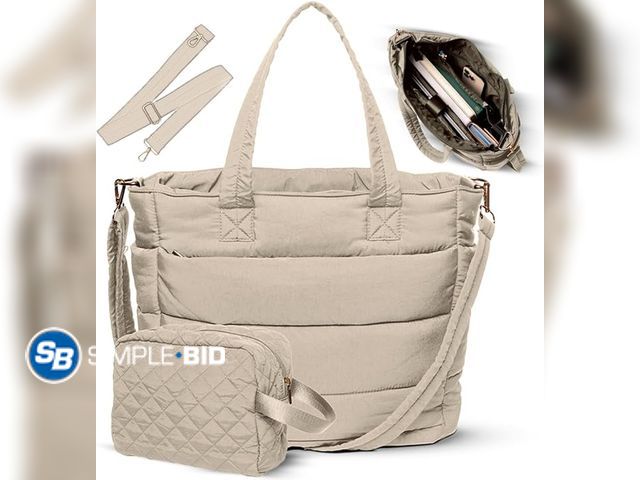 Lot 58-57790 - New Cream Quilted Puffer Tote Bag for Women Work Travel Gym - Puffer Crossbody Bag Waterproof Carry ...