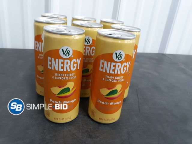 Lot 58-38458 - Lot of (8) V8 Plus Energy Drinks PEACH MANGO - 8 fl oz each unopened - out of box