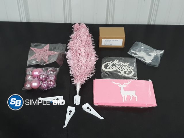Lot 58-33320 - New 4ft Pink Christmas tree with bulbs battery operated strings and more
