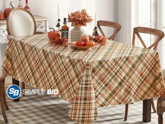 Lot 58-32444 - Newbridge Thanksgiving Harvest Farmhouse Diagonal Plaid Rectangle Vinyl Tablecloth with Flannel Back...