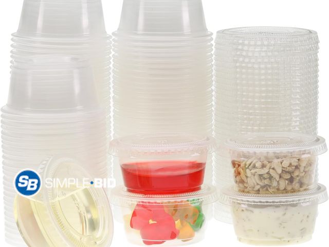 Lot 58-68899 - New Freshware Plastic Portion Cups with Lids [2 Ounce, 100 Set] Disposable Plastic Cups for Meal Pre...