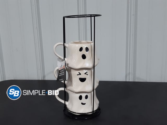Lot 58-32588 - New Halloween 13-Ounce White Ghost Stoneware Stackable Mug Set with Iron Rack, by Way To Celebrate -...