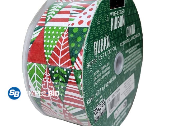 Lot 58-33330 - New Kirkland Wire Edged Christmas Triangles Ribbon in Red, Green, White 50yd X 2.5in