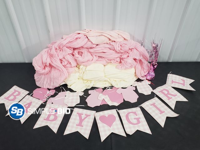 Lot 58-73307 - Lot of Little Girl 1st BIRTHDAY Decorations (5) Pink Cheesecake Table Runners - (4) Banner Stand Cov...