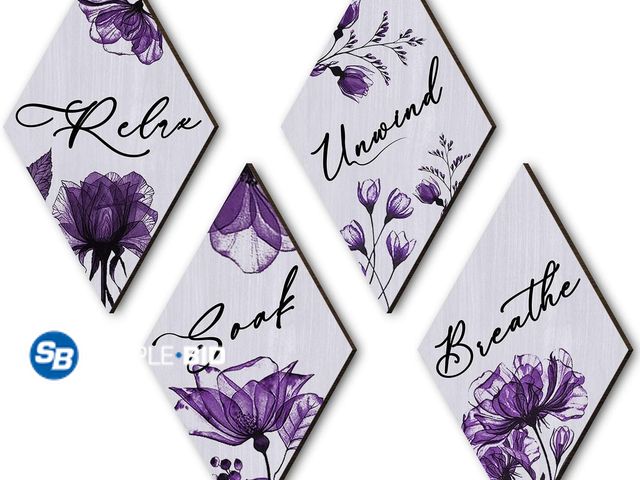 Lot 58-56171 - New Modern Wooden Wall Art Set of 4 - Relax Soak Unwind Breathe Signs with Purple Floral Farmhouse D...