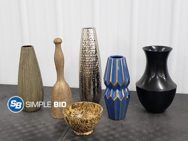 Lot 58-75865 - Lot of (6) Decor Pieces- Tall Vases, Wood Bowl and More!