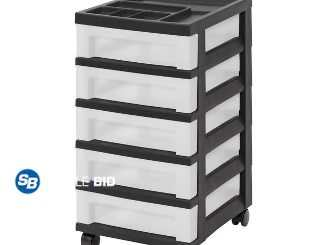 Lot 58-37482 - New IRIS 5-Drawer Narrow Plastic Storage Drawer Cart with Organizer Top, Black