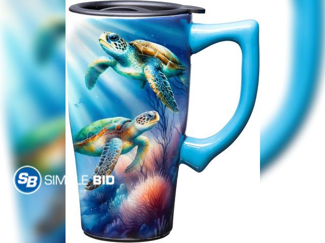 Lot 58-53428 - New Spoontiques - Ceramic Travel Coffee Mug with Lid and Handle - Spill Proof Lid - Double Walled Mu...