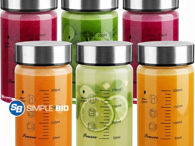 Lot 58-50733 - New Glass Juice Bottles 6 Pack 10 oz - Wide Mouth Glass Water Bottles with Lids - for Juicing, Prote...