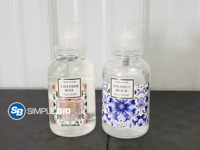 Lot 58-68699 - Lot of (2) Casa di Fiori -- Coconut Beach (1/2 full) Lavender Rose (Full, unopened) HAND SOAP - glas...