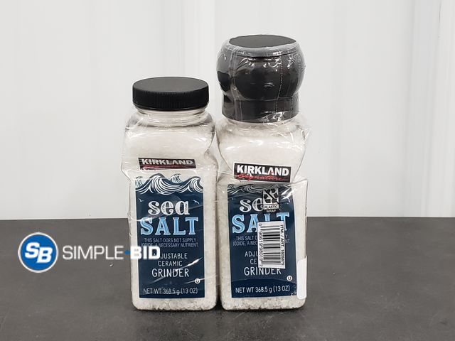 Lot 58-41328 - Kirkland SEA Salt Adjustable ceramic Grinders - unopened - damaged bottles