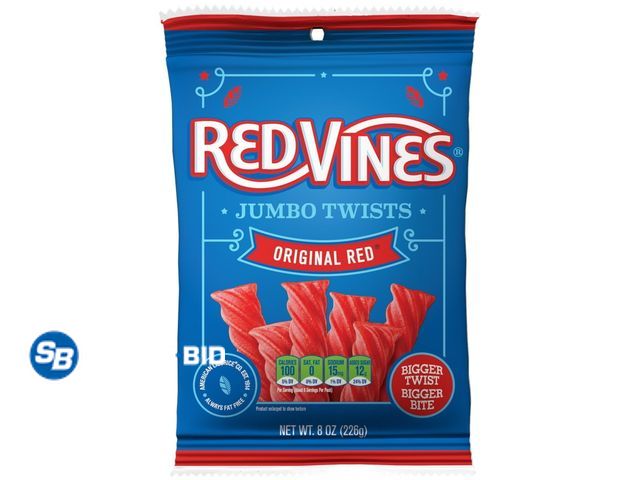 Lot 58-69563 - Lot of (5) Red Vines Jumbo Twists, Original Red Candy, 8oz Bag - unopened - Expired