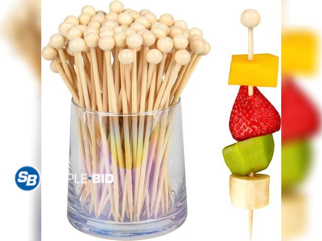 Lot 58-50686 - New 100Pcs Fancy Toothpicks for Appetizers,4.7Inch Wooden Ball Cocktail Picks For Drinks,Bamboo Appe...