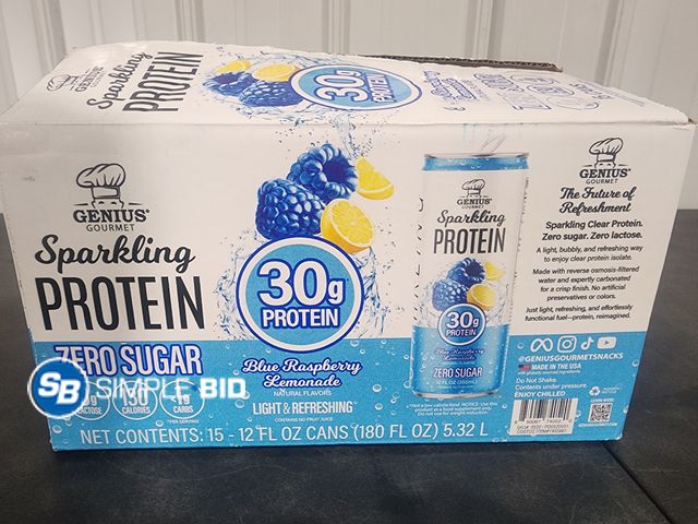 Lot 58-38372 - Genius Gourmet Sparkling PROTEIN Zero Sugar Blue Raspberry Lemonade 12 fl oz each - 14 cans - unopen...