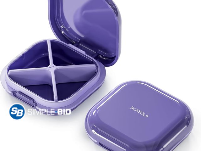 Lot 58-83920 - New Small Pill Case, Travel Pill Box with 4 Compartments, Purple 4 Compartments for Morning, Noon, E...