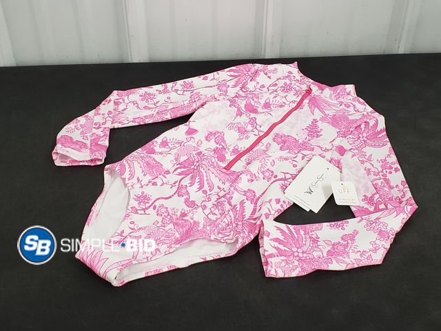 Lot 58-72310 - New Jessica Simpson Girls UPF Zip-Neck Swim Suit, Size XS (4/5) - Pink Toile Print