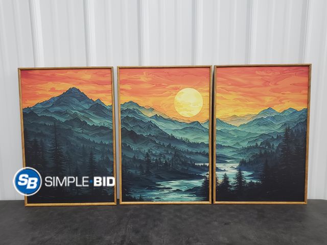 Lot 58-41424 - New Celestdeco Mountains Forests Framed Canvas Wall Art Set, Abstract Sun Woodland Painting, Boho Sc...