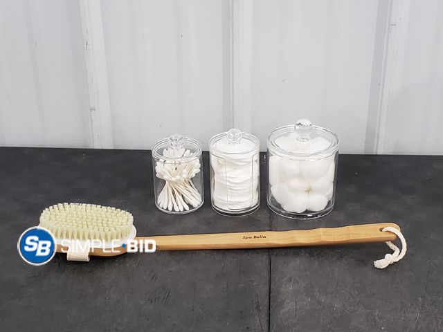 Lot 58-75867 - Lot of (3) Clear Acrylic Bathroom Storage Containers- Already Filled and Scrub Brush